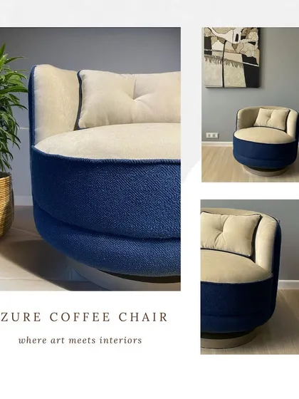 The Azure Coffee Chair, a swivel chair designed for ultimate comfort and style. The combination of deep blue and ecru upholstery on a sleek wooden base makes it a sophisticated addition to any living space.