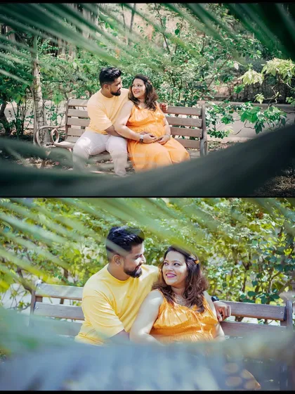 A candid moment between an expecting couple, sitting together on a park bench. I often shoot through natural elements like leaves to create a sense of intimacy and a unique frame for the portrait.