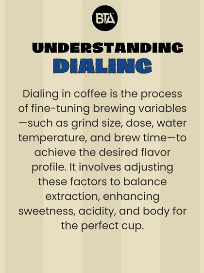 An explanation of "dialing in" coffee, which is the process of fine-tuning brewing variables to achieve the perfect flavor profile.