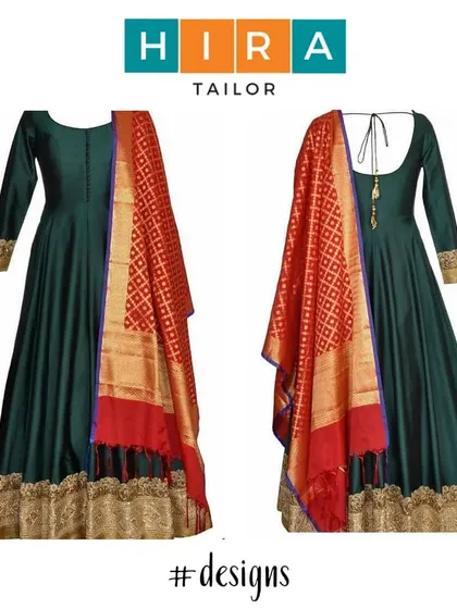This shows the front and back of a classic Anarkali suit I tailored. The deep green fabric is paired with a contrasting red Banarasi dupatta, and I ensured a clean finish with a simple tie-back detail for a perfect fit.