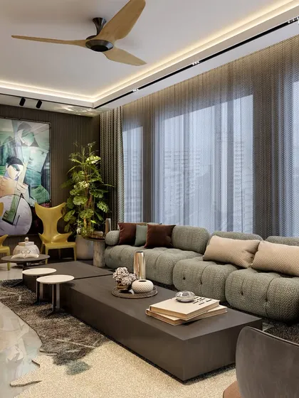 This living room in Walkeshwar redefines modern luxury with a nod to classical elegance. The design achieves a sanctuary-like atmosphere with a palette of rich textures, ash veneer, and selective pops of color in the soft furnishings to inject moments of drama.
