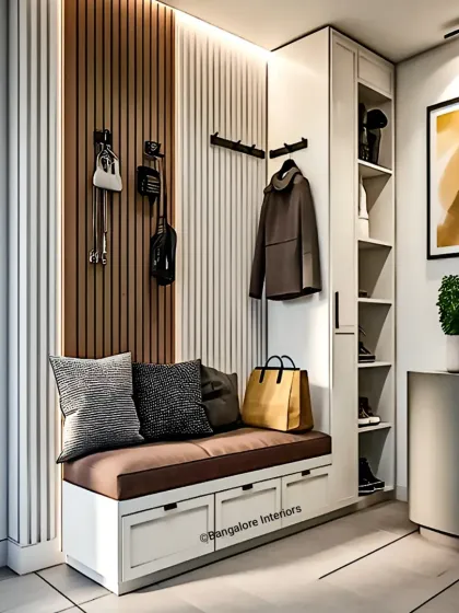 A great first impression starts at the entrance. We design functional foyers with integrated seating, smart shoe storage, and dedicated hooks for coats and bags, ensuring your home is organized and welcoming from the moment you step inside.