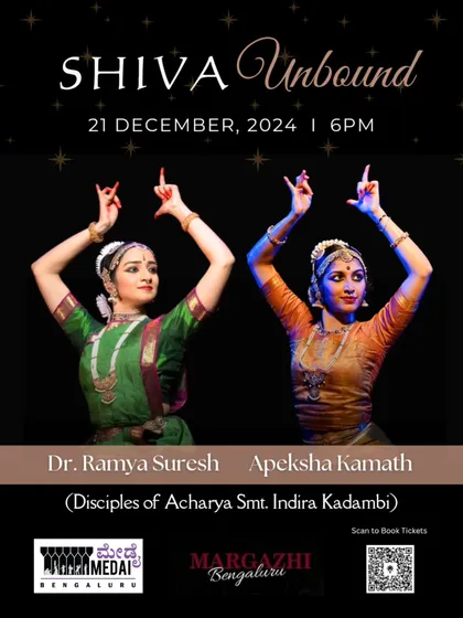 The official poster for "Shiva Unbound", a Bharatanatyam duet where we explored the Lord from the perspective of a devotee, a dancer, and a lover.