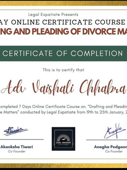 This certificate marks the completion of a specialized course on drafting and pleading in divorce matters. This training enhances my ability to prepare precise and effective legal documents for my clients in family court.