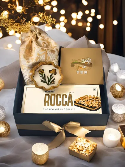 This elegant Diwali hamper is set against a dreamy bokeh background. It includes Almond Rocca chocolates, a decorative candle, and a potli bag, all in a beautiful gift box.