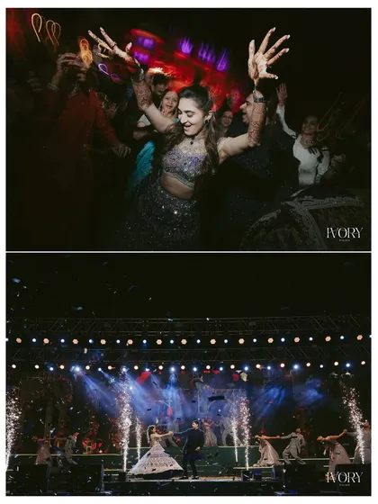 The energy of the dance floor is contagious. We capture the bride's uninhibited joy as she dances the night away, alongside a shot of the couple's spectacular stage performance.