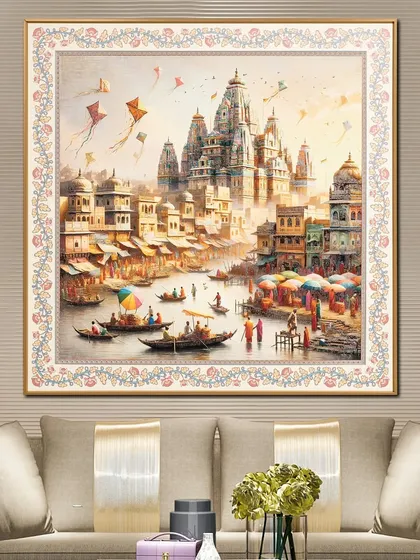 This painting captures the spiritual essence of the Banaras Ghats, a scene full of devotion and peace. The fabric embossing adds texture and depth to the bustling, colorful depiction of the holy city.
