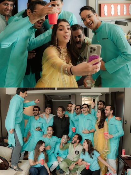 A collage showing the bride taking a selfie with the groomsmen and the whole group posing for a fun, chaotic photo.