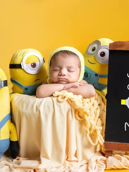 You are one in a minion! This playful, vibrant setup is a perfect example of how we can incorporate fun and personality into your newborn's first photoshoot.