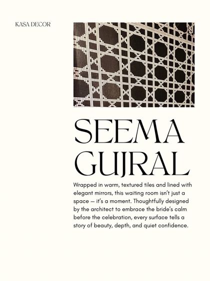 This waiting room at the Seema Gujral showroom is designed to be an immersive experience. The hand-laid black-and-white mosaic tiles create a bold geometric pattern, while mirrored walls create an infinite reflection, wrapping visitors in an atmosphere of quiet confidence and luxury.