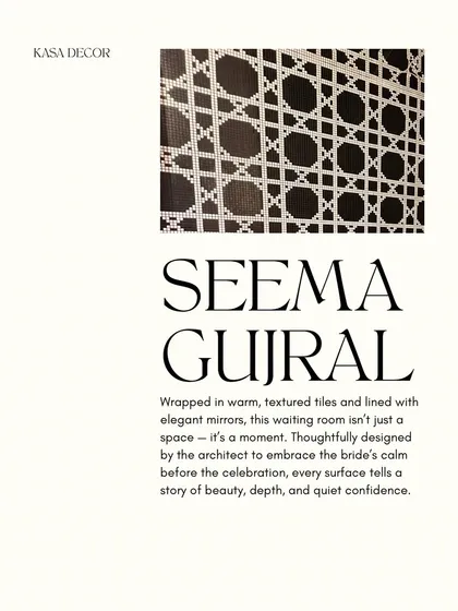 A graphic detailing the design intent for the Seema Gujral waiting room. The space was thoughtfully designed to create a moment of calm beauty and quiet confidence, using our textured tiles and elegant mirrors.
