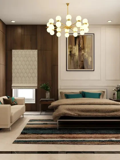 This is a 3D render of an elegant master bedroom, combining classic and contemporary elements. The design features a rich wood-paneled accent wall, a modern globe chandelier, and a comfortable seating area for a complete, hotel-like experience.