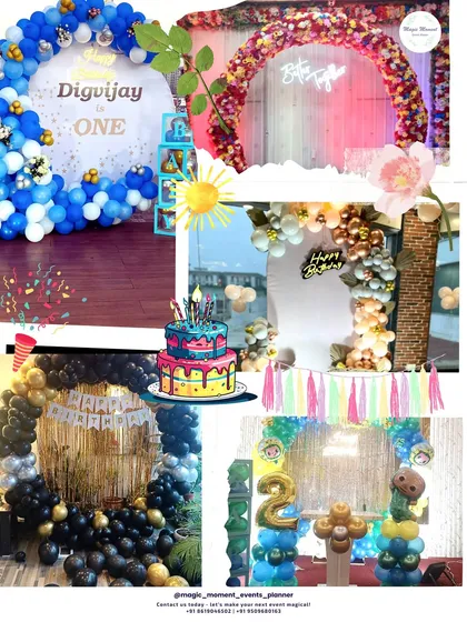A collage of joy. From a child's first birthday with a fun blue balloon arch to chic party backdrops, we design a wide range of decorations. This shows our versatility in creating themed setups for any happy occasion.