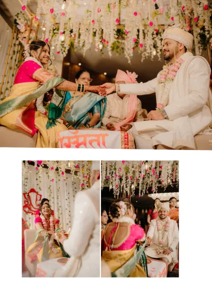 A collage showing the 'Kanyadaan' ritual, a deeply emotional moment where the bride's parents give her away. I capture these moments with sensitivity and respect.