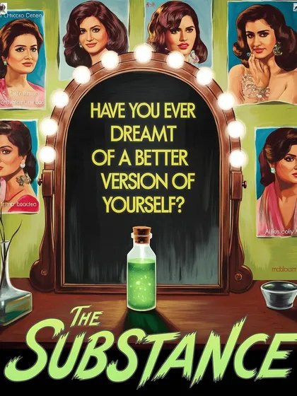 A third poster concept for 'The Substance', showing a vanity mirror and a mysterious potion. This version leans into the body horror and beauty industry satire of the film.