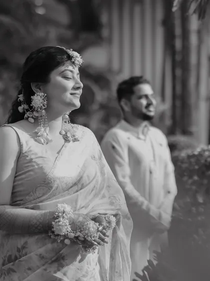 A timeless black and white shot from the Haldi ceremony. Even in monochrome, the bride's radiant glow and happiness are perfectly captured.