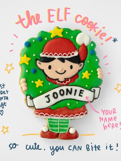 We collaborated with a wonderful artist to create these personalised Elf cookies for Christmas. You could even get your name piped on the banner. It was the perfect Secret Santa gift!