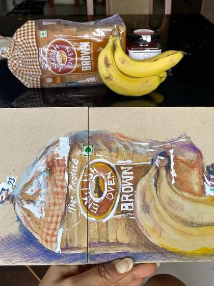 A closer look at the finished breakfast still life sketch. Using mixed media on tanned paper allows for a rich texture and depth that I really enjoy.