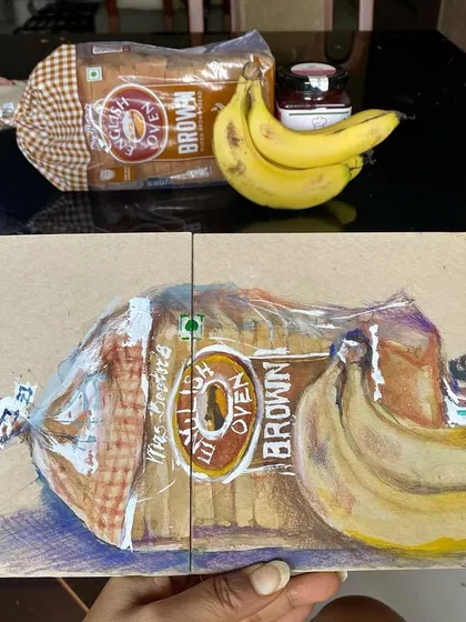 Another view of the breakfast still life sketch. Using mixed media allows for interesting textures and highlights on the tanned paper.