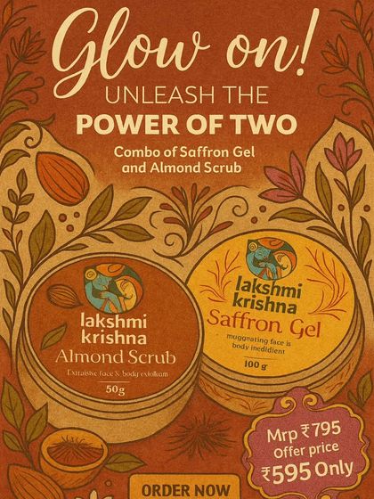 Glow on with the power of two. This graphic showcases our popular combo of Saffron Gel and Almond Scrub, a perfect pairing for exfoliating dead skin and hydrating for a radiant complexion.