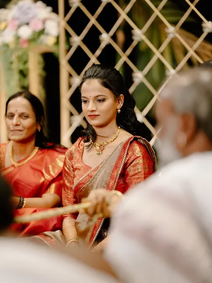 A candid shot during the engagement ceremony. The makeup is designed to look beautiful from all angles and in all lighting conditions.