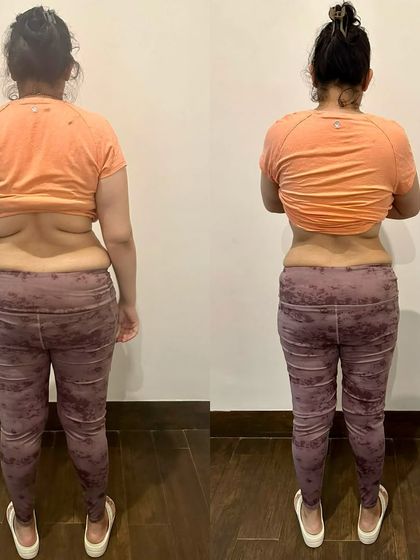 A side, back, and front view of a working mom's incredible postpartum progress. She stayed consistent with home workouts and never used her busy schedule as an excuse, reclaiming her confidence and strength.