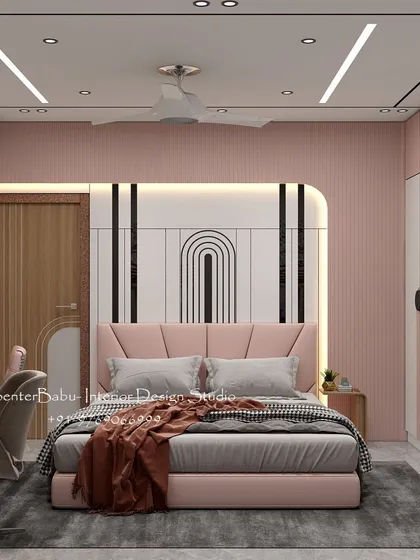 A modern kids' room with a pink and white color scheme. The headboard wall features a unique geometric design with backlighting, adding a contemporary touch.