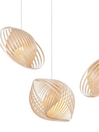 Three Adilo pendants appear to float and dance against a white background, their dynamic, angled forms creating a sense of lightness and energy.