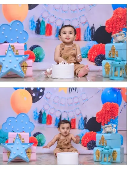 This two-photo set shows the baby boy both tasting the cake and looking surprised by the experience. These sessions are full of unpredictable and precious reactions.