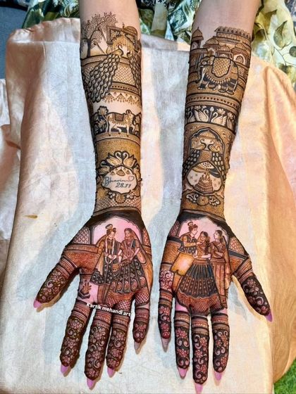 This custom bridal mehandi captures the couple's story with portraits, a depiction of a holy cow, and their wedding date. It's a perfect blend of personal and traditional art.