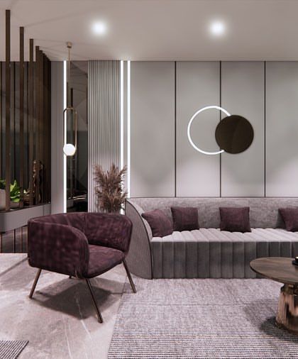 A living room concept designed to feel classy on a budget. We achieved this with a neutral color palette, focusing on a single statement wall and using fluted panels to add texture without high cost.