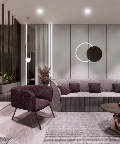 A living room concept designed to feel classy on a budget. We achieved this with a neutral color palette, focusing on a single statement wall and using fluted panels to add texture without high cost.