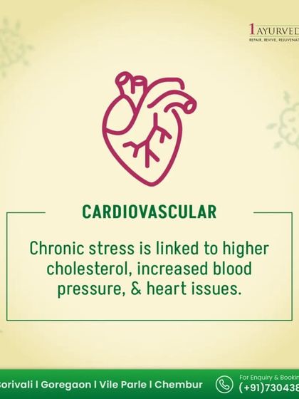 Ayurveda has long recognized the link between the mind and the heart. This graphic explains how chronic stress is linked to higher cholesterol and blood pressure. Our holistic approach aims to manage stress to protect your cardiovascular health for the long term.