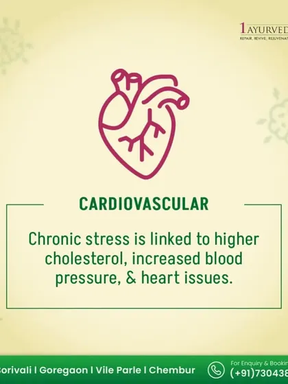 Ayurveda has long recognized the link between the mind and the heart. This graphic explains how chronic stress is linked to higher cholesterol and blood pressure. Our holistic approach aims to manage stress to protect your cardiovascular health for the long term.