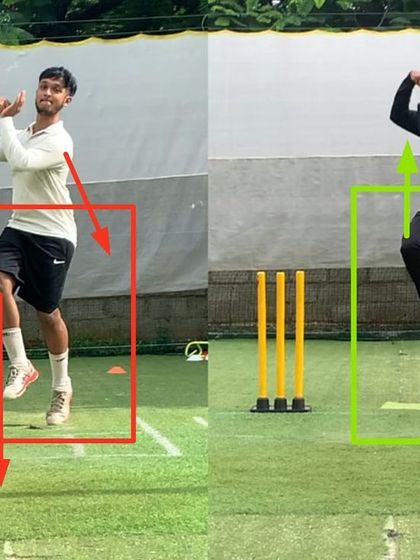 A closer look at building a leg spinner's action. The 'after' image shows a much stronger load-up and a more aligned body at the jump, which are the building blocks for a powerful delivery.