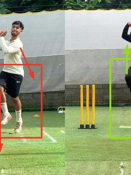 Building a leg-spinner from the ground up. This beginner had a poor action foundation. After the first phase of work, you can see a much stronger load-up and a well-aligned front foot position.