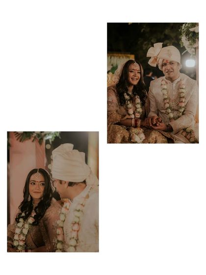 A collage showing the couple during their wedding ceremony, capturing their smiles and shared glances as they sit together in the mandap.