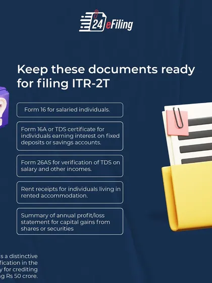 A visual checklist of the documents you need to keep ready for filing ITR-2, including Form 16, Form 16A, and rent receipts.