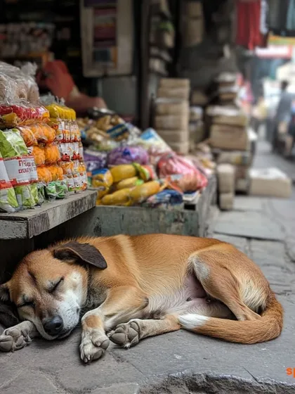 A sleeping indie dog finds a moment of peace next to a fruit stall, a slice of everyday street life.
