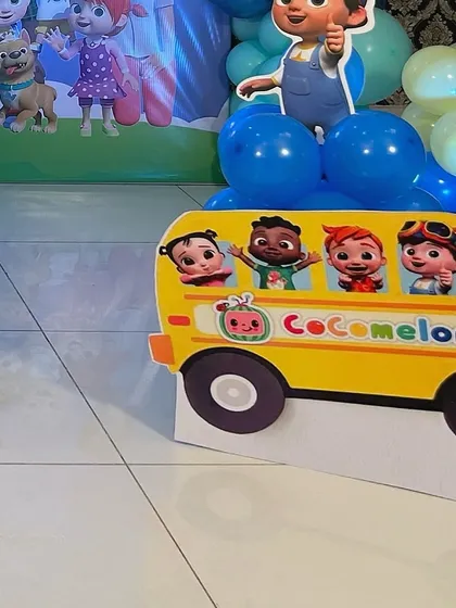 The famous Cocomelon bus as a large cutout prop. These props are great for photos and making the kids feel like they are part of the show.
