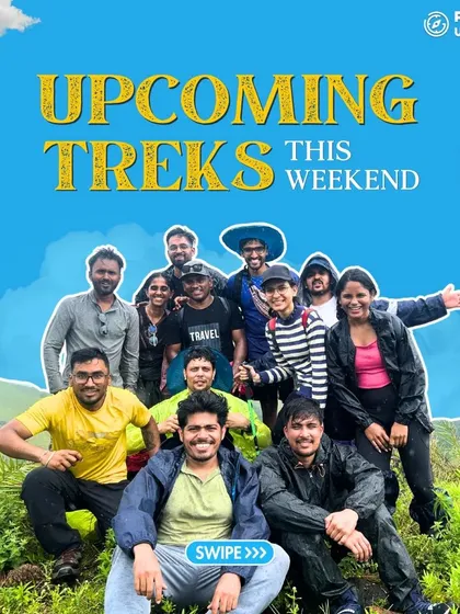A happy group of trekkers posing on a grassy hill. Swipe to see our list of upcoming weekend adventures.