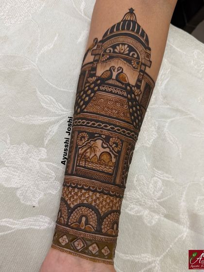 A side view of the elegant figure-free bridal design, showing the beautiful palace and peacock armband.