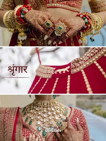 "Shringaar." A collage dedicated to the bridal details, showcasing her stunning emerald and polki jewelry, the intricate work on her lehenga, and her beautiful bangles.