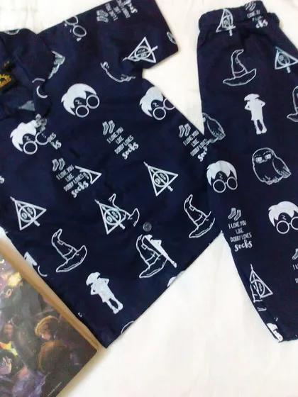 For all the little wizards out there. This is our special Harry Potter print pyjama set, one of the first unique designs I created.