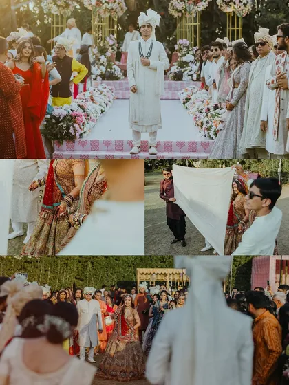 A collage capturing the story of the groom's arrival and the 'Antarpat' ritual, showing the anticipation before the couple sees each other.