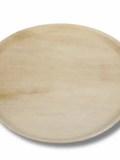 A single, round Areca palm leaf plate, showcasing its natural wood-like texture and sturdy form. This is a perfect, guilt-free disposable option for any meal, as it is 100% natural, biodegradable, and compostable.