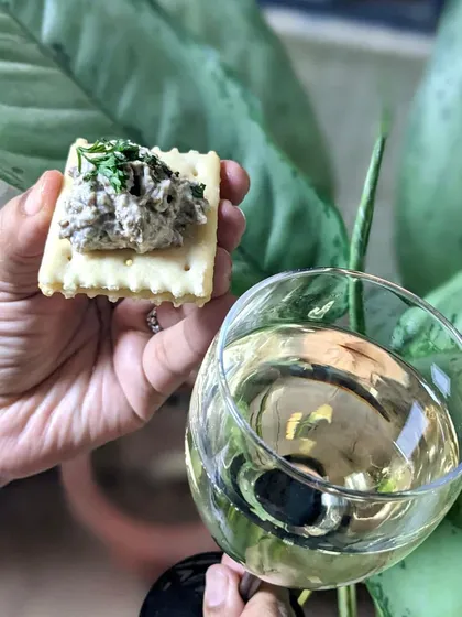 My mushroom paté is perfect for an evening snack. Here it is paired with a glass of white wine, making for a simple yet elegant appetiser.