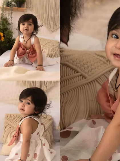 A collage of a cute toddler exploring our boho-chic lifestyle bed setup. Her expressions are absolutely priceless!