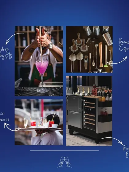This graphic breaks down the components of our comprehensive bar services. We provide everything from expert bartenders and mixologists to premium equipment, portable bars, and seamless service and clearance.