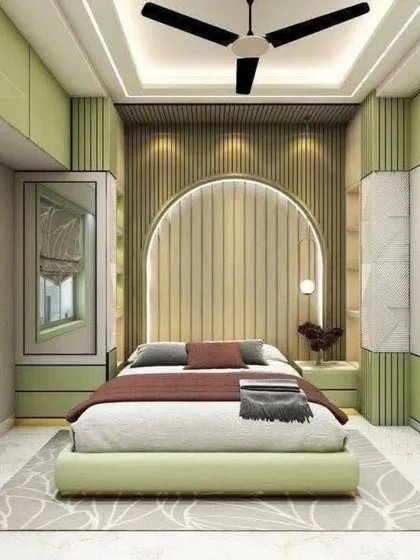 A vibrant and playful bedroom concept in a 3D render. The design uses a refreshing green color palette, an arched fluted headboard, and ample wardrobe space, making it a perfect design for a lively personality.